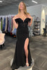 Load image into Gallery viewer, Off the Shoulder Black Feathers Long Corset Prom Dress with Slit