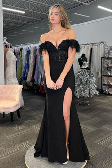 Off the Shoulder Black Feathers Long Corset Prom Dress with Slit