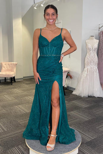 Emerald Green Sparkly V-Neck Long Corset Prom Dress with Slit