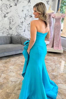 Blue Sheath Strapless Ruched Long Satin Prom Dress