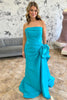 Load image into Gallery viewer, Blue Sheath Strapless Ruched Long Satin Prom Dress