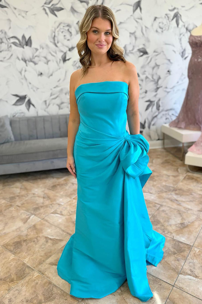 Load image into Gallery viewer, Blue Sheath Strapless Ruched Long Satin Prom Dress