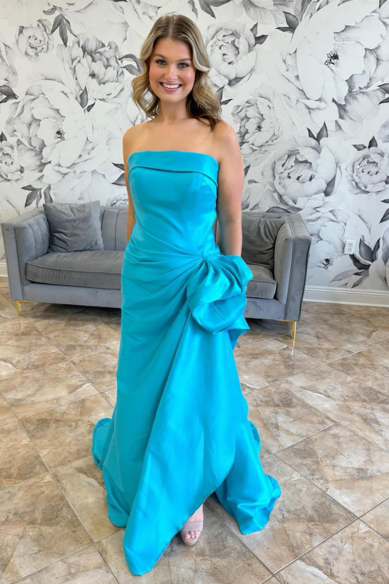 Load image into Gallery viewer, Blue Sheath Strapless Ruched Long Satin Prom Dress