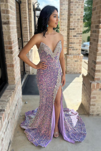 Sparkly Lilac Strapless Sequins Long Beaded Prom Dress with Slit