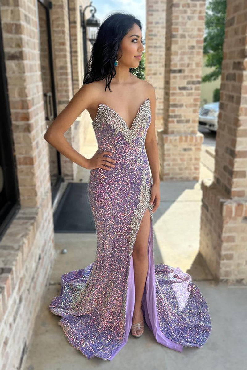 Load image into Gallery viewer, Sparkly Lilac Strapless Sequins Long Beaded Prom Dress with Slit