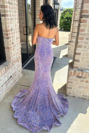 Sparkly Lilac Strapless Sequins Long Beaded Prom Dress with Slit