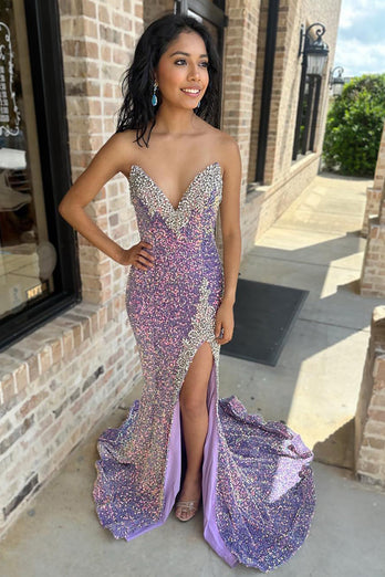 Sparkly Lilac Strapless Sequins Long Beaded Prom Dress with Slit