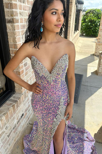 Sparkly Lilac Strapless Sequins Long Beaded Prom Dress with Slit