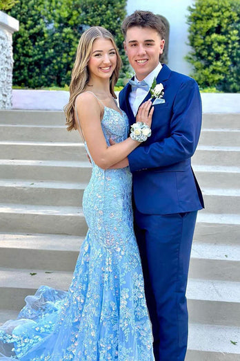 Sparkly Blue Mermaid Long Corset Prom Dress with Lace Appliques