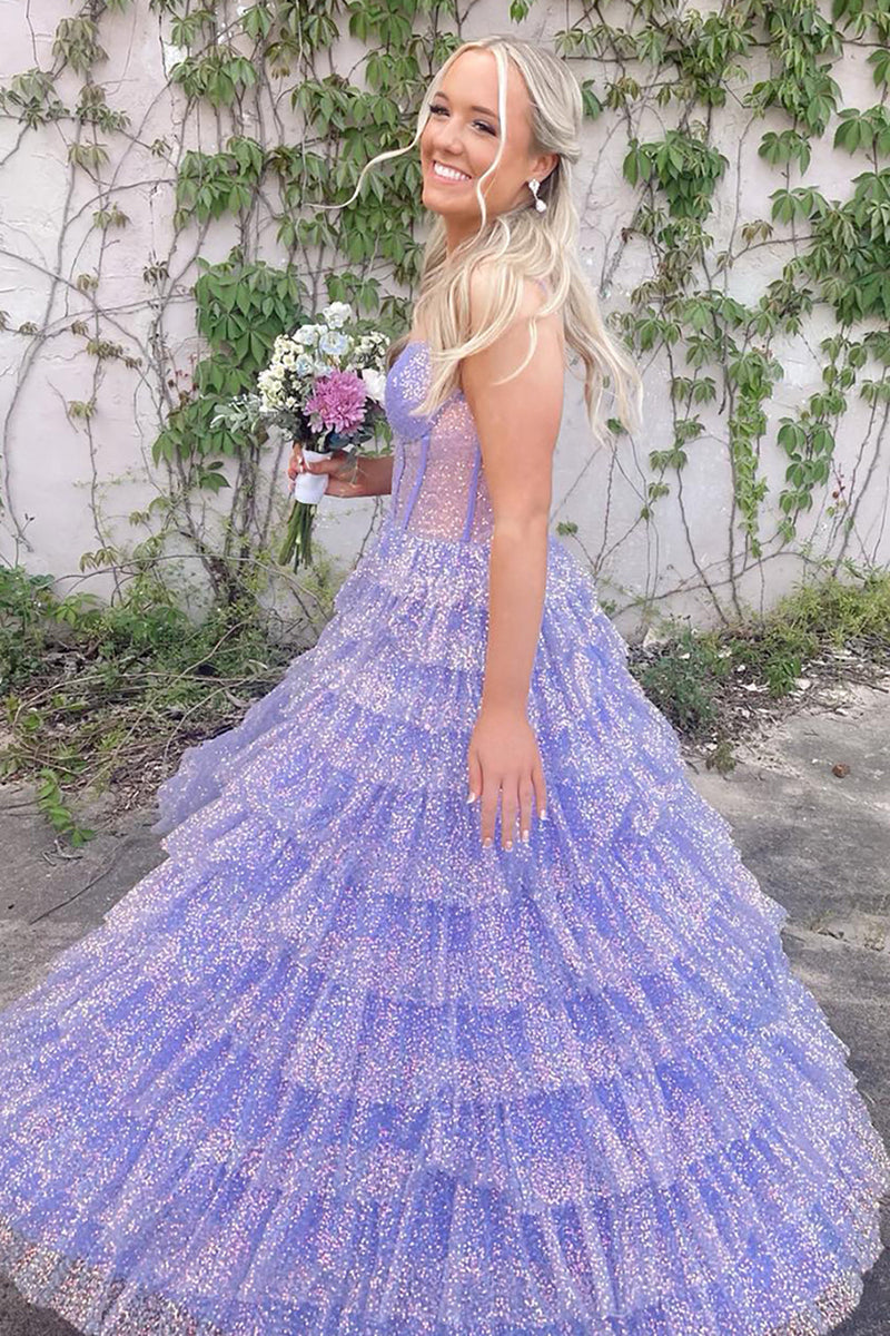 Load image into Gallery viewer, Lilac A Line Sparkly Tulle Long Corset Prom Dress with Slit