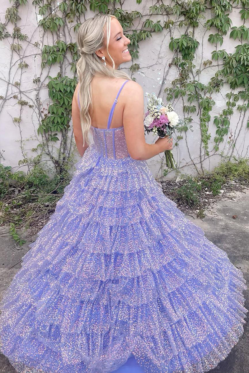 Load image into Gallery viewer, Lilac A Line Sparkly Tulle Long Corset Prom Dress with Slit