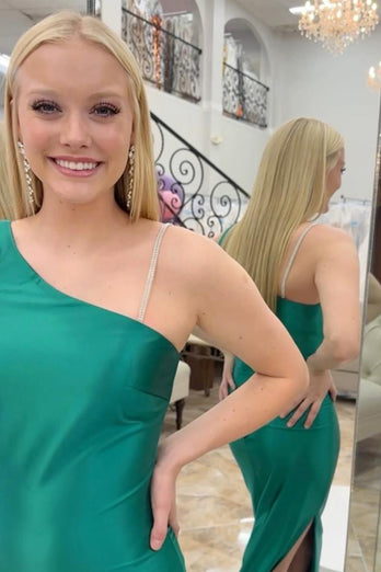 Green Satin Beaded Mermaid Long Prom Dress with Slit