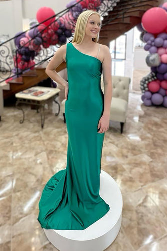 Green Satin Beaded Mermaid Long Prom Dress with Slit