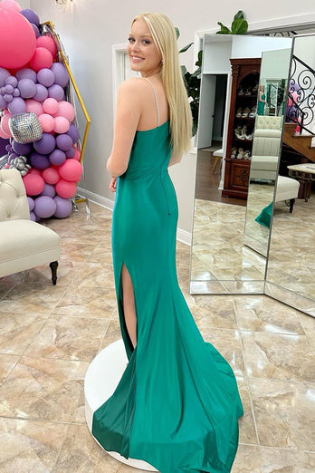 Green Satin Beaded Mermaid Long Prom Dress with Slit