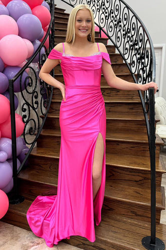 Fuchsia Satin Cold Shoulder Long Prom Dress with Slit