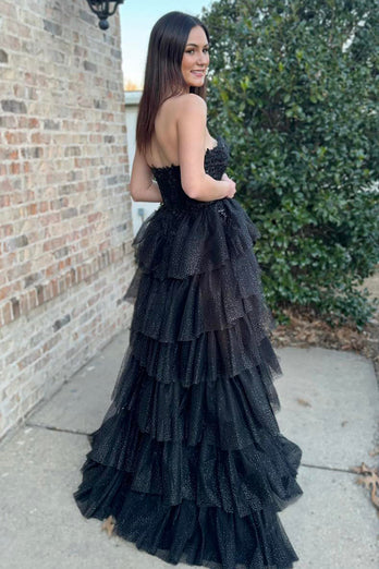 Black Strapless Corset Tiered Long Tulle Prom Dress with Slit