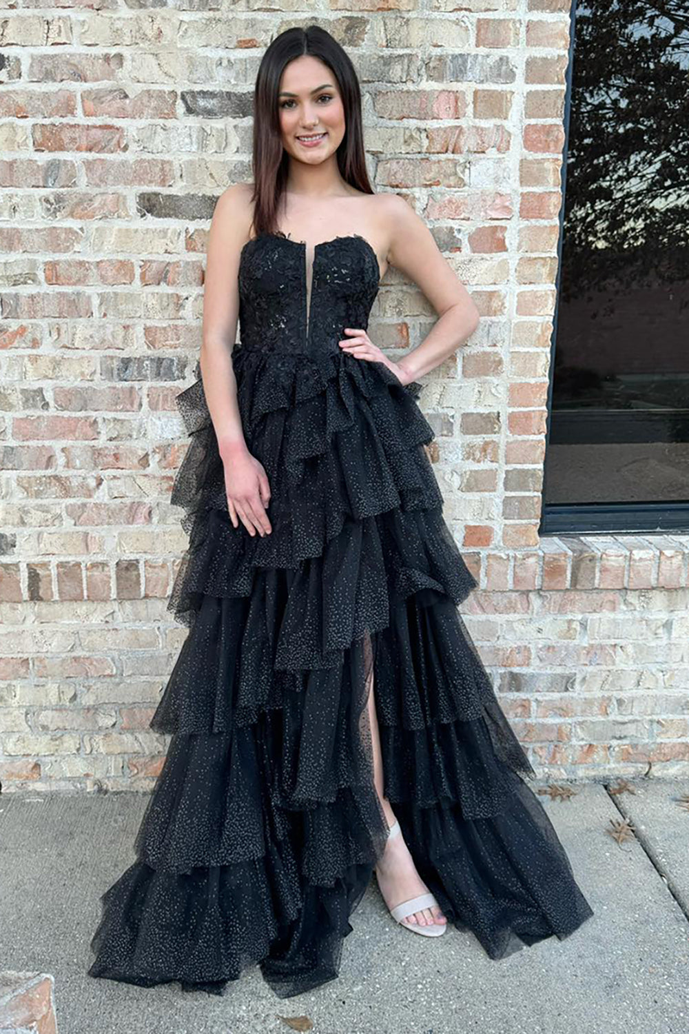 Black Strapless Corset Tiered Long Tulle Prom Dress with Slit