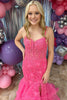 Load image into Gallery viewer, Fuchsia Lace Tiered Mermaid Long Corset Prom Dress with Slit