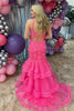 Load image into Gallery viewer, Fuchsia Lace Tiered Mermaid Long Corset Prom Dress with Slit