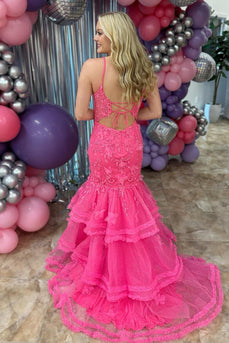 Fuchsia Lace Tiered Mermaid Long Corset Prom Dress with Slit