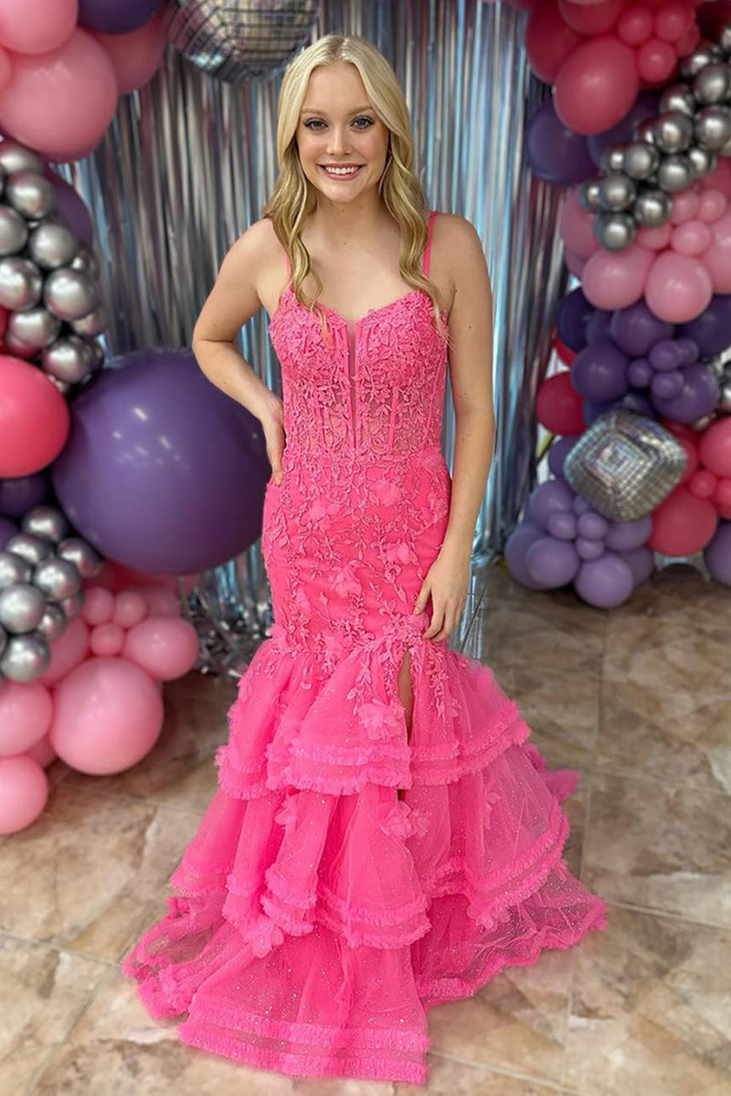 Load image into Gallery viewer, Fuchsia Lace Tiered Mermaid Long Corset Prom Dress with Slit