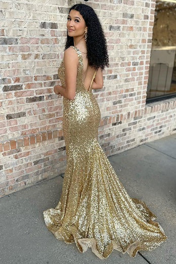 Sparkly Gold V-Neck Sequins Long Mermaid Prom Dress