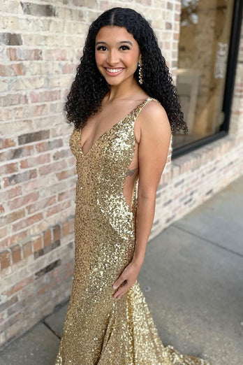 Sparkly Gold V-Neck Sequins Long Mermaid Prom Dress