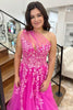 Load image into Gallery viewer, One Shoulder Fuchsia A Line Floral Long Tulle Prom Dress