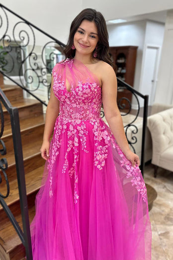 One Shoulder Fuchsia A Line Floral Long Tulle Prom Dress