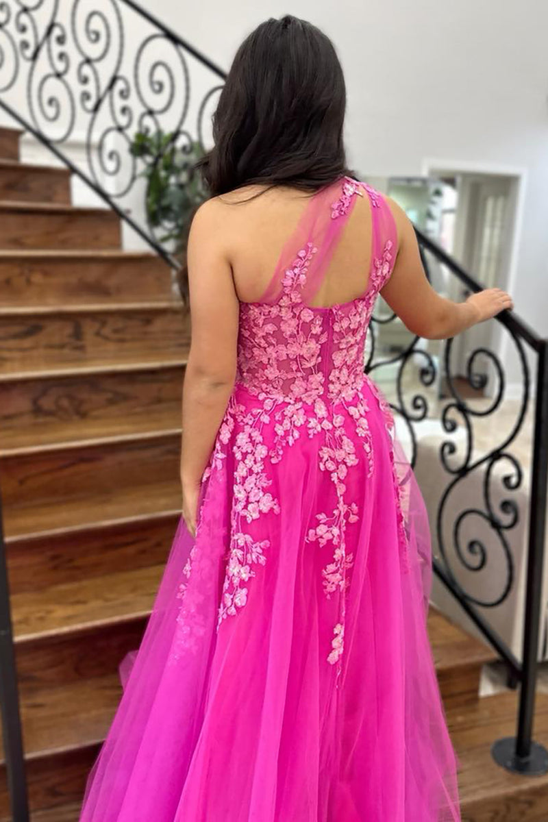 Load image into Gallery viewer, One Shoulder Fuchsia A Line Floral Long Tulle Prom Dress