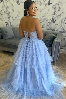 Sparkly Light Blue Strapless Corset Long Tulle Prom Dress