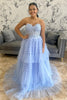 Load image into Gallery viewer, Sparkly Light Blue Strapless Corset Long Tulle Prom Dress