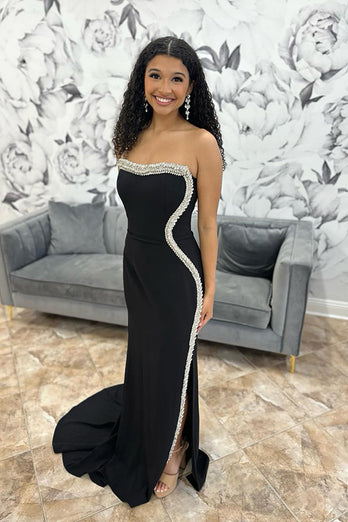 Sparkly Black Mermaid Beaded Long Prom Dress with Slit