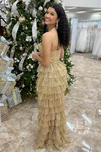 Sparkly Princess Gold Sequin Corset A Line Long Prom Dress with Ruffles