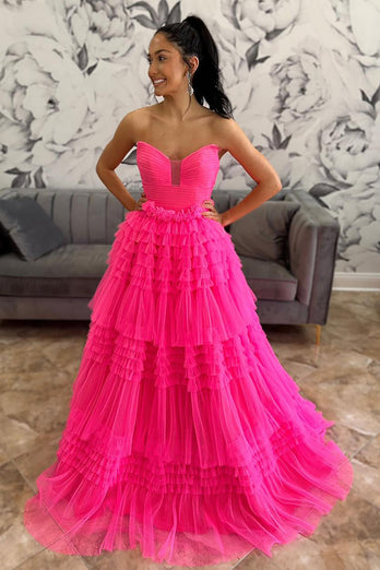 Fuchsia Strapless A Line Ruffles Tulle Long Prom Dress