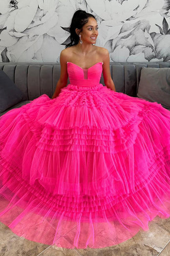 Fuchsia Strapless A Line Ruffles Tulle Long Prom Dress