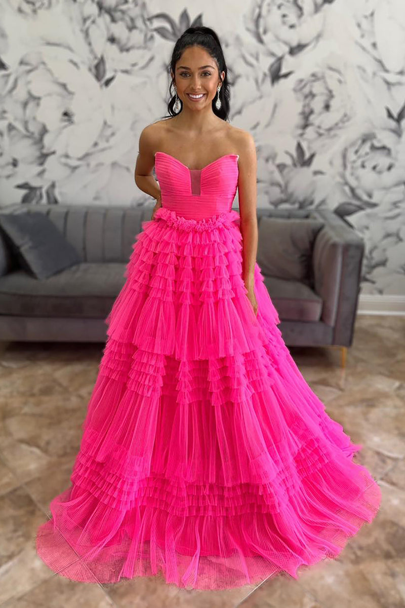 Load image into Gallery viewer, Fuchsia Strapless A Line Ruffles Tulle Long Prom Dress