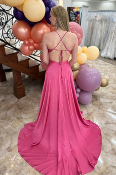 Fuchsia A Line Spaghetti Straps Lace-Up Back Long Prom Dress