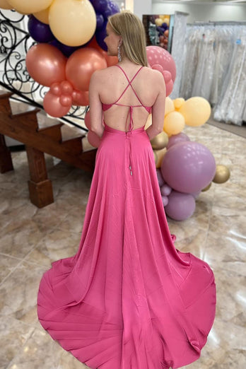 Fuchsia A Line Spaghetti Straps Lace-Up Back Long Prom Dress