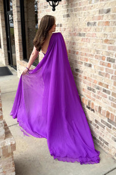 Sparkly Grape Spaghetti Straps Sequins Side Cape Long Prom Jumpsuits