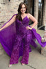 Load image into Gallery viewer, Sparkly Grape Spaghetti Straps Sequins Side Cape Long Prom Jumpsuits