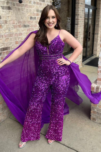 Sparkly Grape Spaghetti Straps Sequins Side Cape Long Prom Jumpsuits