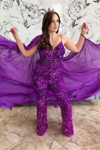 Sparkly Grape Spaghetti Straps Sequins Side Cape Long Prom Jumpsuits