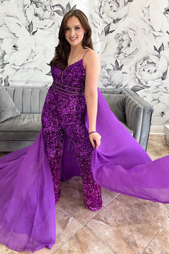 Sparkly Grape Spaghetti Straps Sequins Side Cape Long Prom Jumpsuits