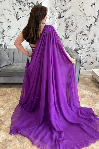 Sparkly Grape Spaghetti Straps Sequins Side Cape Long Prom Jumpsuits