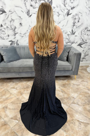 Sparkly Black Beaded Mermaid Long Prom Dress with Slit