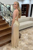 Load image into Gallery viewer, Sparkly Gold Mermaid Spaghetti Straps Ruched Wrap Long Prom Dress with Slit