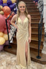 Load image into Gallery viewer, Sparkly Gold Mermaid Spaghetti Straps Ruched Wrap Long Prom Dress with Slit