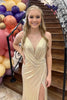 Load image into Gallery viewer, Sparkly Gold Mermaid Spaghetti Straps Ruched Wrap Long Prom Dress with Slit