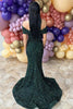 Load image into Gallery viewer, Sparkly Dark Green Off the Shoulder Sequins Long Prom Dress